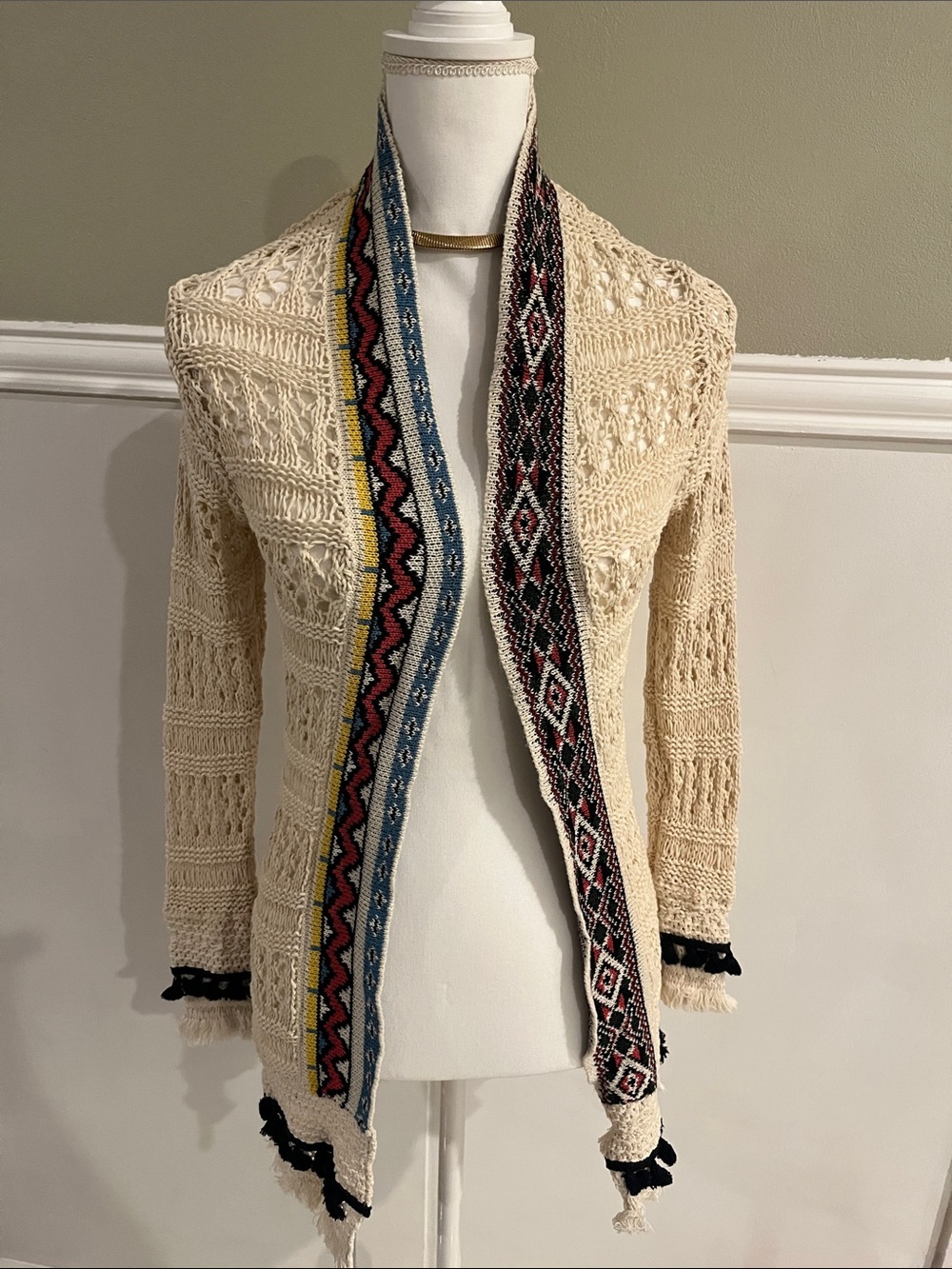 Desigual Cream Crochet Boho Open-Front Cardigan Multicolor Trim XS small